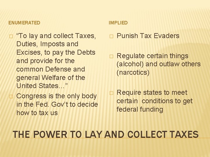 ENUMERATED � � “To lay and collect Taxes, Duties, Imposts and Excises, to pay
