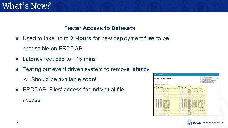 What’s New? Faster Access to Datasets ● Used to take up to 2 Hours