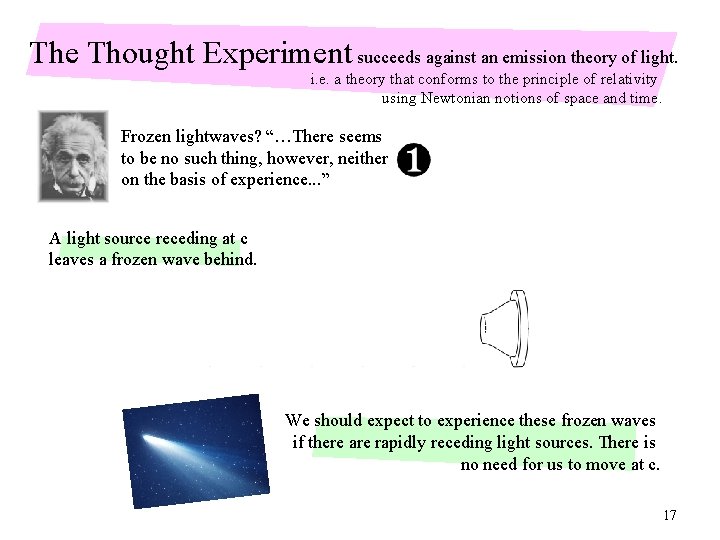 The Thought Experiment succeeds against an emission theory of light. i. e. a theory The Thought Experiment succeeds against an emission theory of light. i. e. a theory