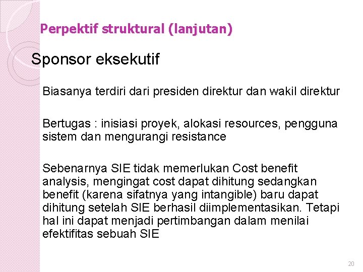 Perpektif struktural (lanjutan) Sponsor eksekutif Biasanya terdiri dari presiden direktur dan wakil direktur Bertugas