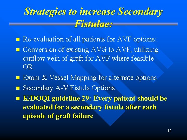 Strategies to increase Secondary Fistulae: n n n Re-evaluation of all patients for AVF