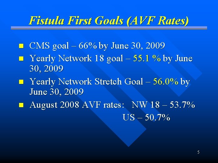 Fistula First Goals (AVF Rates) n n CMS goal – 66% by June 30,