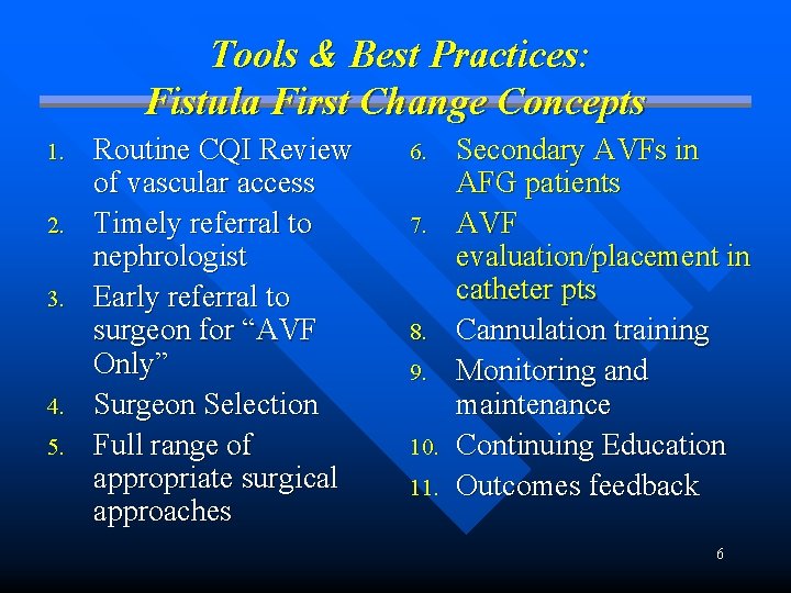 Tools & Best Practices: Fistula First Change Concepts 1. 2. 3. 4. 5. Routine