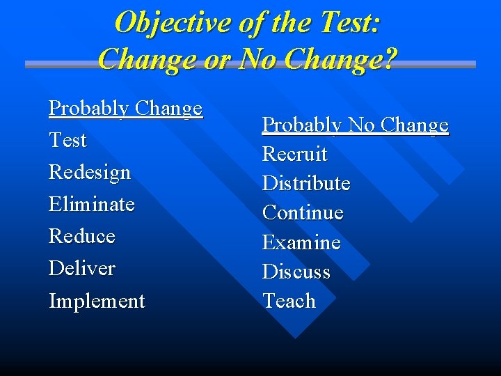 Objective of the Test: Change or No Change? Probably Change Test Redesign Eliminate Reduce