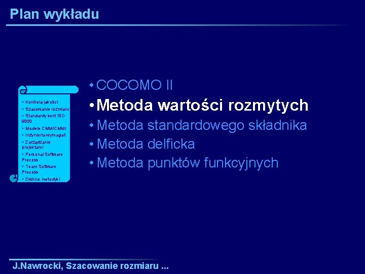 Plan wykładu • COCOMO II • Kontrola jakości • Szacowanie rozmiaru i • Standardy