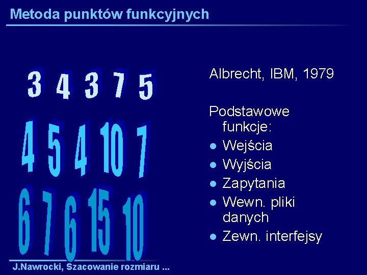 Metoda punktów funkcyjnych Albrecht, IBM, 1979 Podstawowe funkcje: l Wejścia l Wyjścia l Zapytania