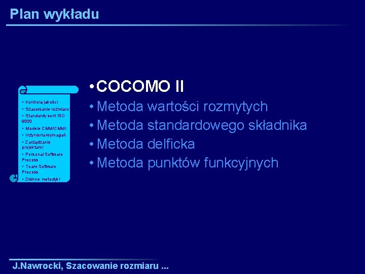 Plan wykładu • COCOMO II • Kontrola jakości • Szacowanie rozmiaru i • Standardy