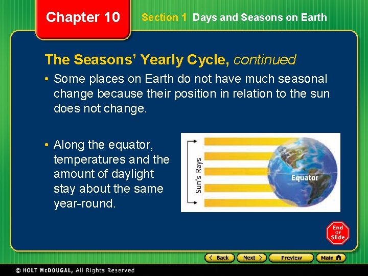 Chapter 10 Section 1 Days and Seasons on Earth The Seasons’ Yearly Cycle, continued Chapter 10 Section 1 Days and Seasons on Earth The Seasons’ Yearly Cycle, continued