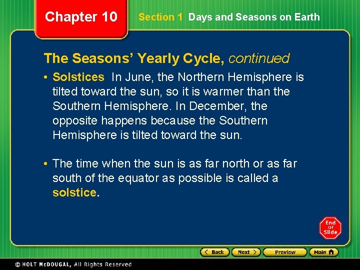 Chapter 10 Section 1 Days and Seasons on Earth The Seasons’ Yearly Cycle, continued Chapter 10 Section 1 Days and Seasons on Earth The Seasons’ Yearly Cycle, continued