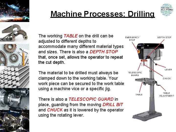 Machine Processes: Drilling The working TABLE on the drill can be adjusted to different