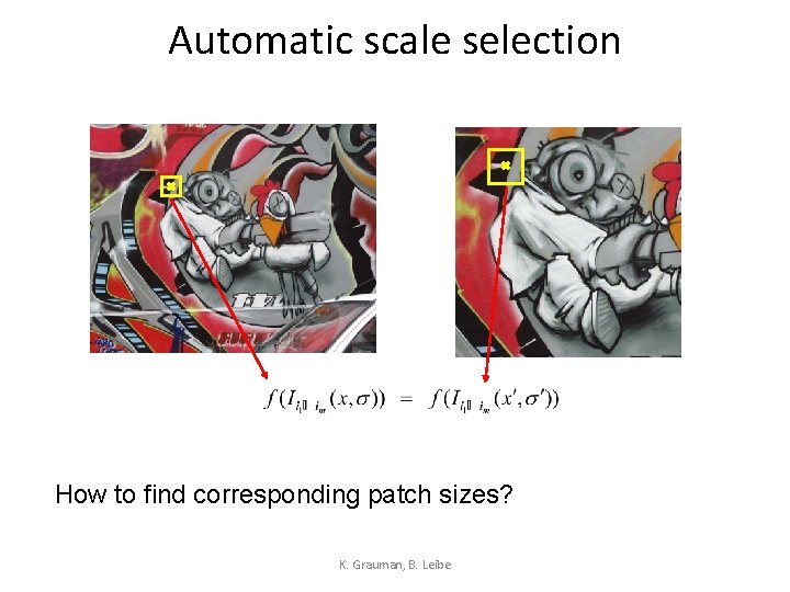 Automatic scale selection How to find corresponding patch sizes? K. Grauman, B. Leibe 