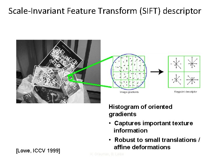 Scale-Invariant Feature Transform (SIFT) descriptor [Lowe, ICCV 1999] Histogram of oriented gradients • Captures