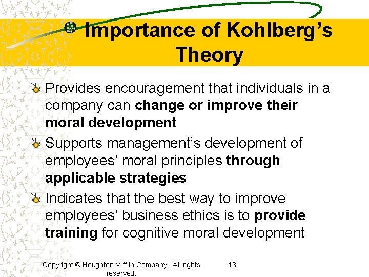 Importance of Kohlberg’s Theory Provides encouragement that individuals in a company can change or