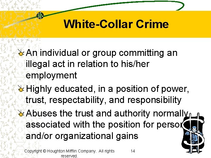 White-Collar Crime An individual or group committing an illegal act in relation to his/her