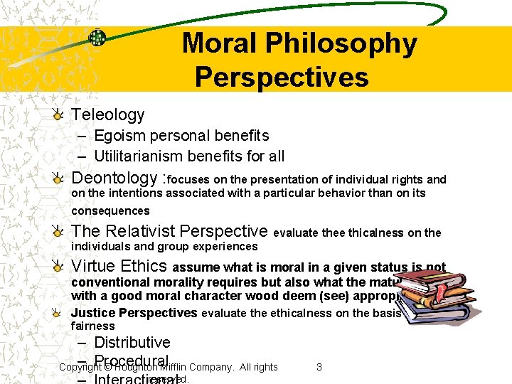 Moral Philosophy Perspectives Teleology – Egoism personal benefits – Utilitarianism benefits for all Deontology