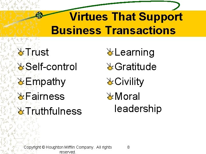 Virtues That Support Business Transactions Trust Self-control Empathy Fairness Truthfulness Copyright © Houghton Mifflin