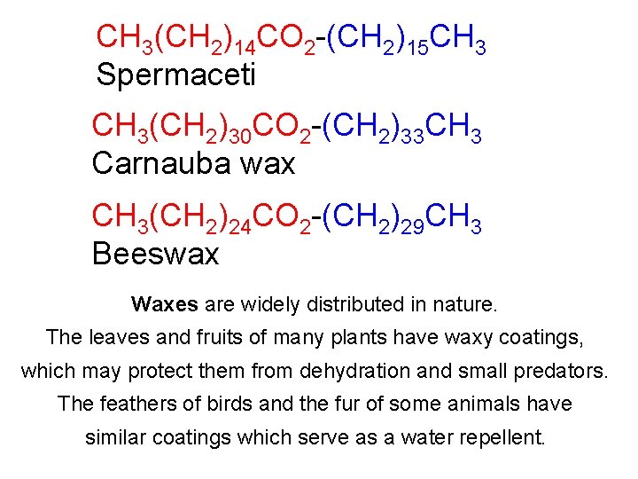 CH 3(CH 2)14 CO 2 -(CH 2)15 CH 3 Spermaceti CH 3(CH 2)30 CO
