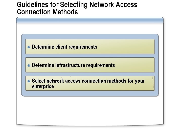 Guidelines for Selecting Network Access Connection Methods Determine client requirements Determine infrastructure requirements Select