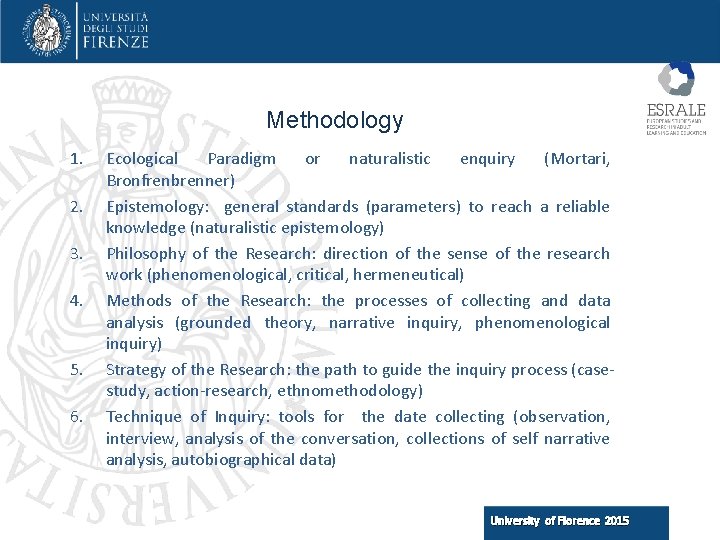 Methodology 1. 2. 3. 4. 5. 6. Ecological Paradigm or naturalistic enquiry (Mortari, Bronfrenbrenner)