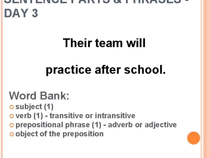 SENTENCE PARTS & PHRASES DAY 3 Their team will practice after school. Word Bank: