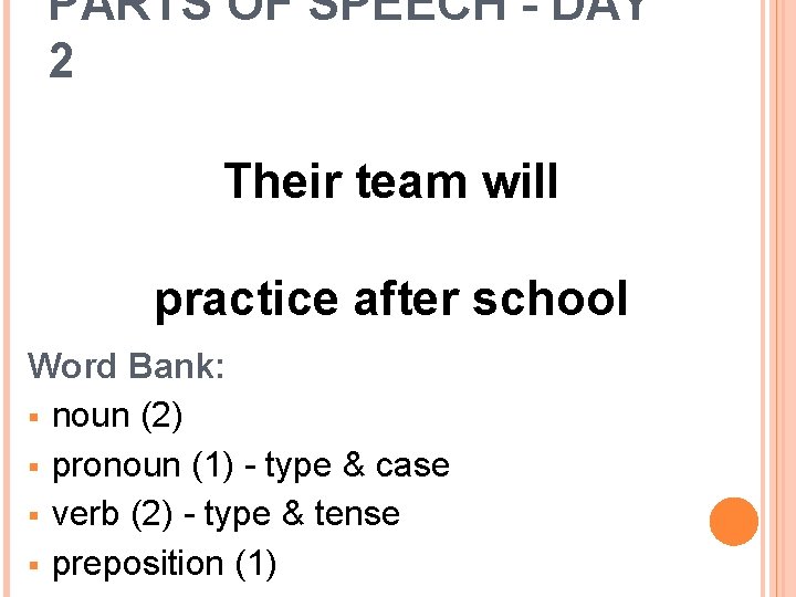 PARTS OF SPEECH - DAY 2 Their team will practice after school Word Bank: