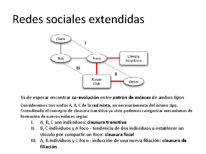 Redes sociales extendidas I II Es de esperar encontrar co-evolución entre patrón de enlaces