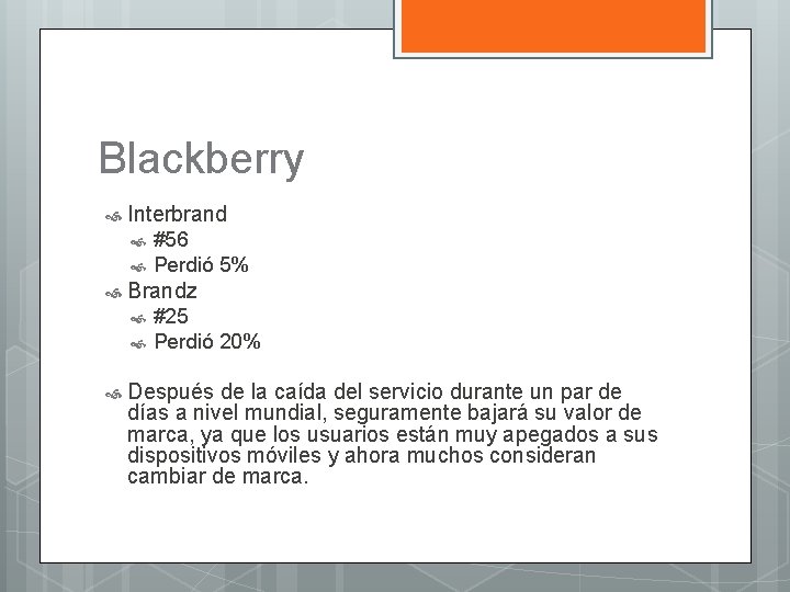 Blackberry Interbrand Brandz #56 Perdió 5% #25 Perdió 20% Después de la caída del