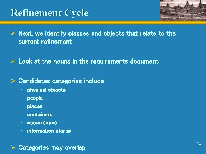 Refinement Cycle Ø Next, we identify classes and objects that relate to the current