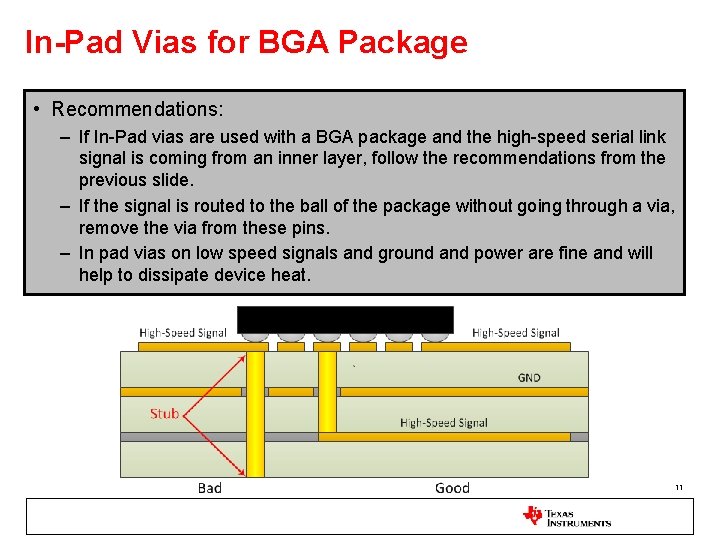 In-Pad Vias for BGA Package • Recommendations: – If In-Pad vias are used with