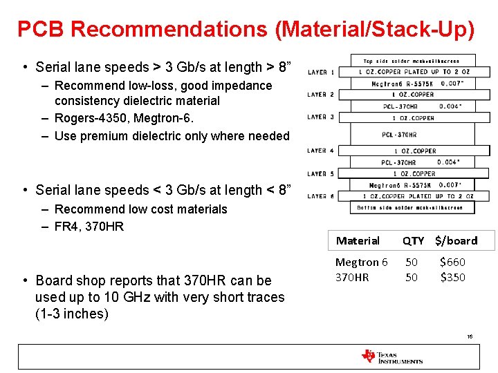 PCB Recommendations (Material/Stack-Up) • Serial lane speeds > 3 Gb/s at length > 8”