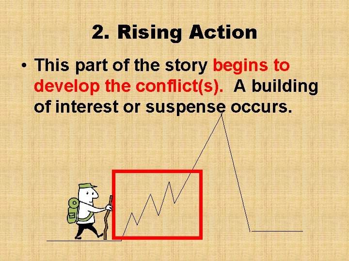 2. Rising Action • This part of the story begins to develop the conflict(s).