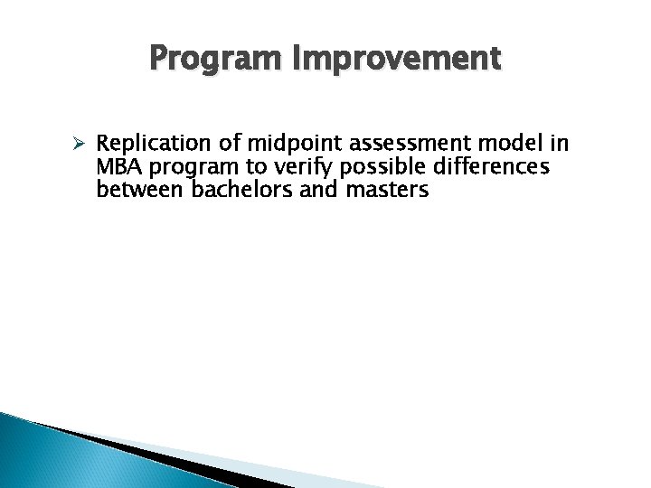 Program Improvement Ø Replication of midpoint assessment model in MBA program to verify possible