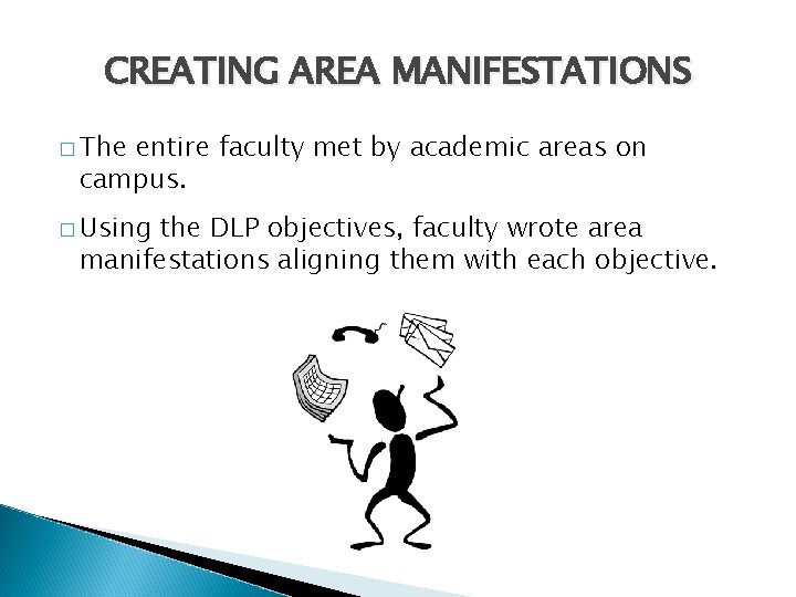 CREATING AREA MANIFESTATIONS � The entire faculty met by academic areas on campus. �