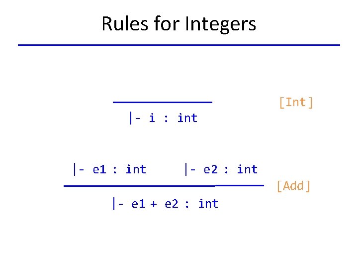 Rules for Integers [Int] |- i : int |- e 1 : int |-