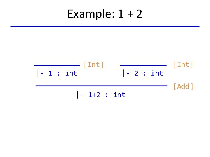 Example: 1 + 2 [Int] |- 1 : int |- 2 : int |-