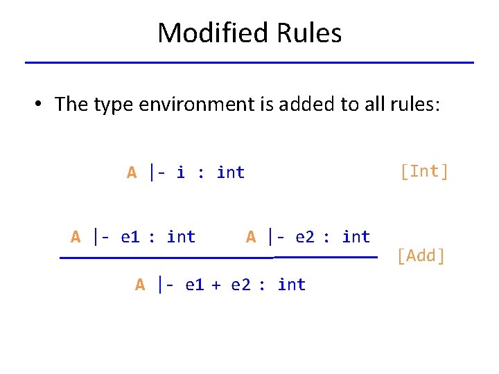 Modified Rules • The type environment is added to all rules: [Int] A |-