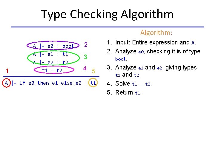 Type Checking Algorithm: A |- e 0 : bool A |- e 1 :