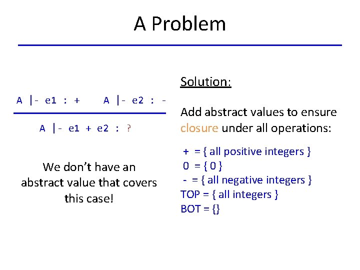A Problem Solution: A |- e 1 : + A |- e 2 :