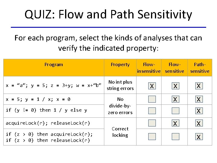 QUIZ: Flow and Path Sensitivity For each program, select the kinds of analyses that