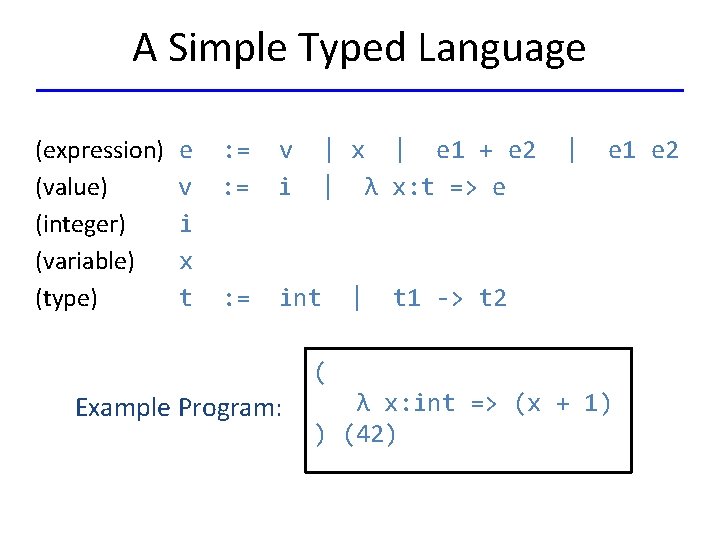 A Simple Typed Language (expression) (value) (integer) (variable) (type) e v i x t