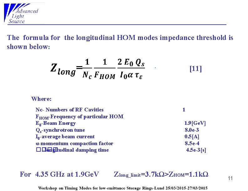 HOM ISSUES The formula for the longitudinal HOM modes impedance threshold is Review and