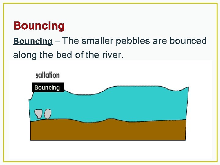 Bouncing – The smaller pebbles are bounced along the bed of the river. Bouncing