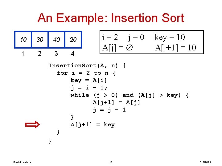 An Example: Insertion Sort 10 30 40 20 1 2 3 4 i=2 j=0 An Example: Insertion Sort 10 30 40 20 1 2 3 4 i=2 j=0