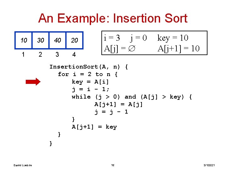 An Example: Insertion Sort 10 30 40 20 1 2 3 4 i=3 j=0 An Example: Insertion Sort 10 30 40 20 1 2 3 4 i=3 j=0