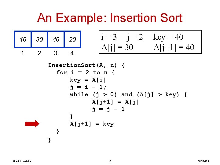 An Example: Insertion Sort 10 30 40 20 1 2 3 4 i=3 j=2 An Example: Insertion Sort 10 30 40 20 1 2 3 4 i=3 j=2