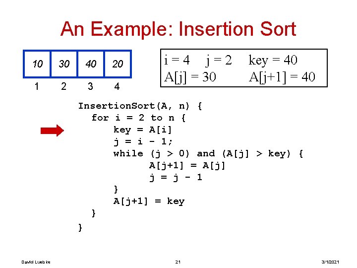 An Example: Insertion Sort 10 30 40 20 1 2 3 4 i=4 j=2 An Example: Insertion Sort 10 30 40 20 1 2 3 4 i=4 j=2