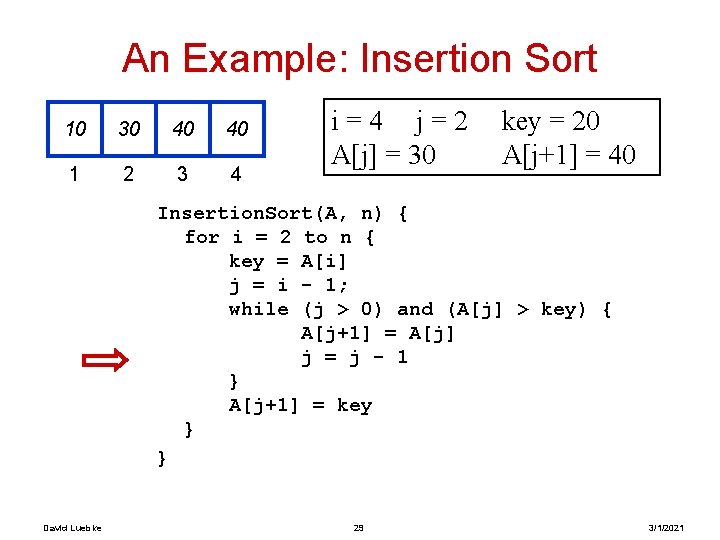An Example: Insertion Sort 10 30 40 40 1 2 3 4 i=4 j=2 An Example: Insertion Sort 10 30 40 40 1 2 3 4 i=4 j=2