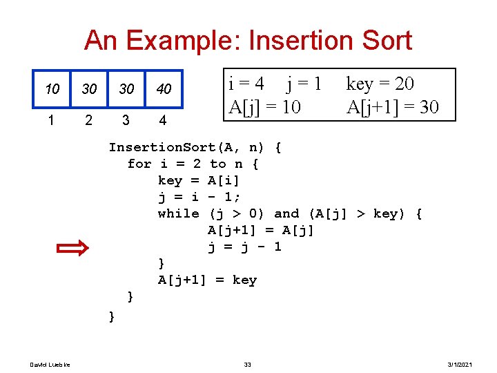 An Example: Insertion Sort 10 30 30 40 1 2 3 4 i=4 j=1 An Example: Insertion Sort 10 30 30 40 1 2 3 4 i=4 j=1