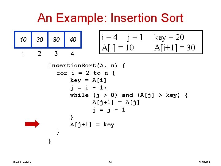 An Example: Insertion Sort 10 30 30 40 1 2 3 4 i=4 j=1 An Example: Insertion Sort 10 30 30 40 1 2 3 4 i=4 j=1