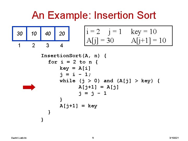 An Example: Insertion Sort 30 10 40 20 1 2 3 4 i=2 j=1 An Example: Insertion Sort 30 10 40 20 1 2 3 4 i=2 j=1